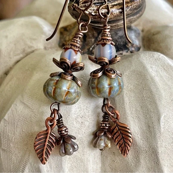 Hand Crafted “Pumpkin Blues” Dangle Earrings - Picture 5 of 9